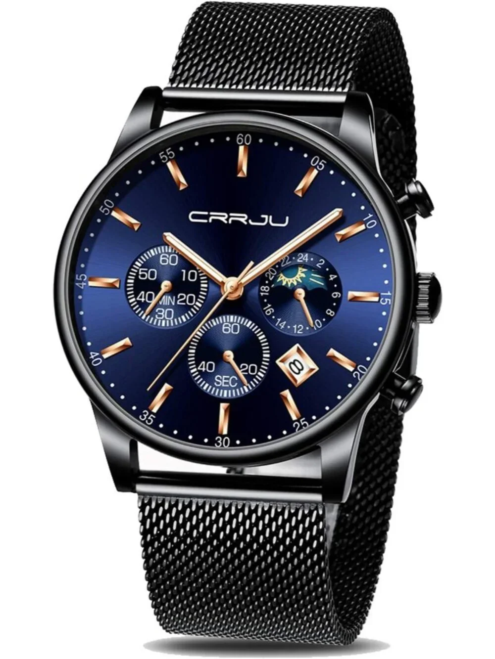 Men Black Blue Chronograph Waterproof Steel Quartz Mesh Strap Casual Round Watch
